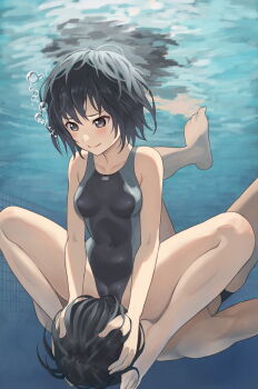 Rule 34 | 1boy, 1girl, amagami, black hair, black one-piece swimsuit, blue one-piece swimsuit, blush, botan m, breasts, bubble, cameltoe, closed mouth, collarbone, competition swimsuit, furrowed brow, hands on another's head, highres, knees up, medium breasts, messy hair, nanasaki ai, one-piece swimsuit, paid reward available, pool, shorts, sitting, sitting on face, sitting on person, smile, solo focus, swimsuit, tachibana jun'ichi, two-tone swimsuit, underwater