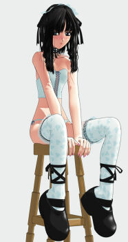 1girl 3d black_hair bustier ekkusu_kyuuzu female_focus full_body goth_fashion gothic_lolita grey_background lace lingerie lolita_fashion long_legs original panties shoes side-tie_panties sitting skinny solo thighhighs underwear white_thighhighs zettai_ryouiki