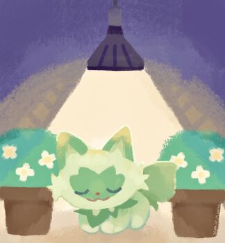 Rule 34 | animal focus, closed eyes, commentary request, dated, full body, highres, nintendo, no humans, plant, pokemon, pokemon (creature), potted plant, sleeping, solo, sprigatito, waltz (wal w wal)