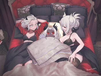 3girls absurdres arms_behind_head bed black_bra black_horns bra breasts brown_thighhighs cleavage dark-skinned_female dark_skin demon_girl demon_horns helltaker highres horns judgement_(helltaker) justice_(helltaker) large_breasts looking_at_another looking_at_viewer lucifer_(helltaker) lying mole mole_on_breast mole_under_eye multiple_girls noah_(tettsui-sole) on_back on_bed pillow red_eyes red_shirt shirt small_breasts tears thighhighs twitter_username underwear white_eyes white_hair white_horns