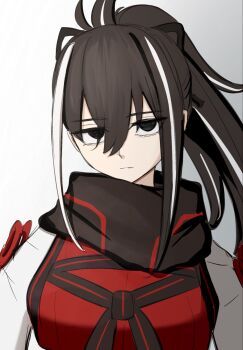 Rule 34 | 1girl, black eyes, black hair, black scarf, commentary request, disfiro03, expressionless, fate/grand order, fate (series), highres, japanese clothes, kawakami gensai (fate), kawakami gensai (first ascension) (fate), long hair, looking at viewer, multicolored hair, ponytail, scarf, solo, upper body, white hair