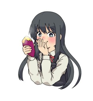 Rule 34 | !, 1girl, absurdres, asashio (kancolle), asashio kai ni (kancolle), black dress, black hair, blue eyes, collared shirt, covering own mouth, cropped torso, dress, dress shirt, food, highres, holding, kantai collection, long hair, pinafore dress, rockborder, shirt, simple background, sleeveless, sleeveless dress, smile, solo, spoken exclamation mark, sweet potato, upper body, white background, white shirt