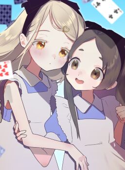 2girls alice's_adventures_in_wonderland alice_(alice_in_wonderland) alice_(alice_in_wonderland)_(cosplay) apron blonde_hair blue_dress blush brown_eyes brown_hair card closed_mouth colored_eyelashes commentary_request contrast_collar cosplay dress eye_contact floating_card frilled_apron frills gakuen_idolmaster hair_ornament hand_up heart heart_hair_ornament highres holding_another's_arm idolmaster lily-an long_hair looking_at_another multiple_girls open_mouth orange_eyes parted_bangs playing_card puffy_short_sleeves puffy_sleeves short_eyebrows short_sleeves sleeveless sleeveless_dress swept_bangs thick_eyebrows upper_body