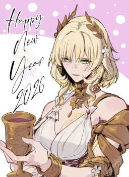 1girl 2026 aglaea_(honkai:_star_rail) blonde_hair commentary cup english_commentary eulyin_huan green_eyes hand_up happy_new_year highres holding holding_cup honkai:_star_rail honkai_(series) new_year upper_body