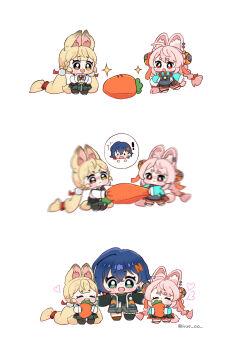 3girls absurdly_long_hair alice_thymefield animal_ear_fluff animal_ears belle_(zenless_zone_zero) black_gloves blonde_hair blue_hair blush braid carrot chibi chibi_inset chibi_only closed_eyes closed_mouth commentary crossed_bangs double-parted_bangs eating fingerless_gloves food full_body furry furry_female gloves green_eyes hair_between_eyes heterochromia highres holding holding_food hue_oo long_hair long_sleeves low_twintails motion_blur multiple_girls open_mouth pink_hair rabbit_ears rabbit_girl rabbit_tail red_eyes sharing shirt short_hair simple_background sparkle standing symbol-only_commentary tail twin_braids twintails twitter_username very_long_hair white_background white_shirt yellow_eyes zenless_zone_zero zhao_(zenless_zone_zero)