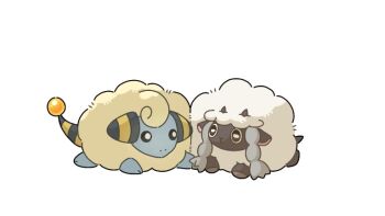 ama_luna197 animal_focus closed_mouth gen_2_pokemon gen_8_pokemon horns mareep nintendo no_humans pokemon pokemon_(creature) pokemon_focus sheep sheep_horns simple_background tail white_background wool wooloo