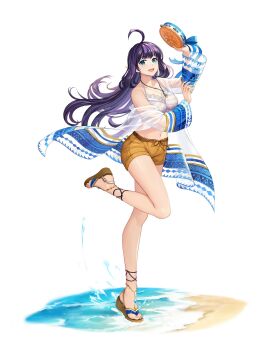1girl ahoge ankle_wrap artist_request beach belt black_hair blue_eyes blue_gem blue_ribbon blue_shirt bra breasts brown_shorts cleavage commentary commentary_request diamond_print elf english_commentary floating_clothes floating_hair full_body gem high_heel_sandals high_heels highres holding holding_instrument holding_tambourine instrument jewelry king's_raid korean_commentary large_breasts leg_up long_hair long_sleeves mirianne_(king's_raid) mixed-language_commentary navel official_alternate_costume official_art open_clothes open_mouth open_shirt pendant pointy_ears print_shirt ribbon sand sandals second-party_source see-through_clothes see-through_shirt shirt shorts simple_background smile solo standing standing_on_one_leg strappy_heels swimsuit tambourine underwear water wedge_heels white_background white_bra white_shirt