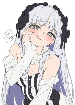 1girl :q absurdres bare_shoulders blush breasts commentary detached_sleeves english_commentary fate/strange_fake fate_(series) francesca_prelati_(fate) green_tea_(matchaistasty) grey_eyes hand_on_own_cheek hand_on_own_face heart highres long_hair simple_background sketch small_breasts smile solo spoken_heart striped_clothes tongue tongue_out upper_body vertical-striped_clothes white_background white_hair