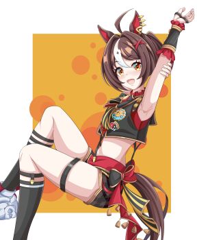 1girl absurdres ahoge animal_ears arms_behind_head black_jacket black_shorts blush bow breasts brown_eyes brown_hair commentary ear_ornament frilled_wristband gran_alegria_(smile_my_way!)_(umamusume) gran_alegria_(umamusume) hair_between_eyes hair_ornament highres horse_ears horse_girl horse_tail jacket looking_at_viewer midriff multicolored_bow multicolored_hair o-ring o-ring_thigh_strap open_mouth red_shirt shirt shoes shorts sleeveless sleeveless_jacket smile socks solo stretching suspender_shorts suspenders tail thigh_strap umamusume white_socks x_hair_ornament xiaofeng