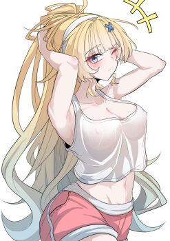 1girl absurdres alternate_breast_size_(larger) armpits arms_up blonde_hair blue_eyes breasts cleavage closed_mouth colored_tips commentary covered_erect_nipples cowboy_shot crop_top gradient_hair hair_ornament hairband highres large_breasts long_hair looking_at_viewer midriff multicolored_hair navel nort_muhehehe notice_lines one_eye_closed phoebe_(wuthering_waves) pink_shorts ponytail shirt shorts simple_background solo very_long_hair white_background white_hairband white_shirt wuthering_waves x_hair_ornament