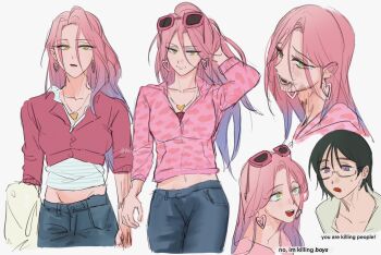 Rule 34 | 2girls, alien stage, black hair, blood, blood on face, blue hair, blue pants, cardigan, commentary, cosplay, cropped cardigan, earrings, english commentary, english text, eyewear on head, glasses, gradient hair, hand in own hair, heart, heart earrings, heart necklace, heart print, highres, hood, hoodie, jennifer's body, jennifer check, jennifer check (cosplay), jewelry, long sleeves, midriff, mizi (alien stage), multicolored hair, multiple girls, necklace, pants, pink-framed eyewear, pink cardigan, pink hair, pink hoodie, purple eyes, shirt, short hair, sua (alien stage), sunglasses, the quipper, two-tone hair, white shirt, yellow eyes