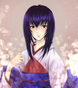 Rule 34 | 1girl, black hair, blush, brown eyes, female focus, gradient background, japanese clothes, kimono, long hair, nagisa-a, rurouni kenshin, solo, yukishiro tomoe