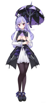1girl absurdres ahoge areola_slip artist_name ascot black_bow black_bowtie black_nails black_pantyhose black_shoes blush bow bowtie breasts breasts_apart breasts_out closed_mouth commentary dress english_commentary frilled_sleeves frills full_body hair_bow heart highres holding holding_umbrella large_breasts long_hair long_sleeves looking_at_viewer mole mole_under_eye nail_polish nyayuu96 pantyhose pinky_out pointy_ears purple_ascot purple_hair red_eyes shoes short_dress simple_background solo split_mouth standing tsurime umbrella vivian_banshee white_background white_dress wide_sleeves zenless_zone_zero