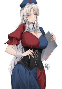 1girl :/ absurdres black_corset blue_hat breasts cleavage cleavage_cutout clipboard clothing_cutout commentary corset curtained_hair dress grey_hair hat highres holding holding_clipboard holding_pen large_breasts long_hair looking_at_viewer nurse_cap pen puffy_short_sleeves puffy_sleeves short_sleeves signature simple_background solo split-color_clothes straight_hair touhou two-tone_dress very_long_hair white_background yagokoro_eirin yagoro_kusuriya yellow_eyes