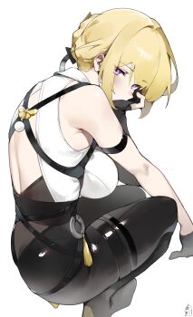 1girl absurdres arm_strap asymmetrical_gloves back backless_shirt black_gloves black_pants blonde_hair breasts chest_harness commentary_request coteri elbow_gloves evelyn_chevalier from_side gloves hair_up half_gloves harness head_on_hand high-waist_pants high_heels highres korean_commentary large_breasts looking_at_viewer mole mole_under_eye pants purple_eyes ring_hair_ornament shirt simple_background single_elbow_glove single_half_glove solo squatting tight_clothes tight_pants white_background white_shirt zenless_zone_zero