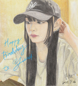 1girl asian black_eyes black_hair black_hat closed_mouth commentary ear_piercing fantasy6gp677 happy_birthday hat highres mole mole_under_eye piercing real_life realistic shirt solo traditional_media voice_actor white_shirt yuri_(voice_actor)