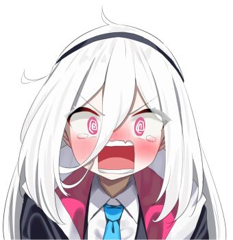 1girl @_@ black_hairband black_jacket blue_archive blue_necktie blush collared_shirt commentary hair_between_eyes hairband jacket k_mugura kei_(blue_archive) kei_(student)_(blue_archive) long_hair necktie nose_blush open_clothes open_jacket open_mouth pink_eyes shirt simple_background solo tears upper_body v-shaped_eyebrows white_background white_hair white_shirt