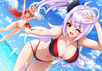 2girls absurdres ahoge antenna_hair bikini black_bikini blue_sky breasts brown_hair cleavage closed_eyes cloud cloudy_sky commentary_request duel_masters duel_masters_play&#039;s grey_hair highres huge_ahoge kokko_rupiko large_breasts long_hair luca_(duel_masters) multicolored_bikini multiple_girls navel ocean one_eye_closed one_side_up open_mouth outdoors pink_bikini red_bikini red_eyes sky smile sparkle swimsuit tanityu teeth upper_teeth_only