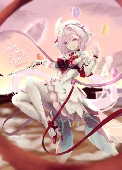 1girl absurdres beret breasts commentary diamond-shaped_pupils diamond_(shape) dress earrings elf elysia_(hi_love_elf)_(honkai_impact) elysia_(honkai_impact) elysiumnacht english_commentary happy_birthday hat heart heart_earrings highres holding_ribbon_baton honkai_(series) honkai_impact_3rd jewelry long_hair medium_breasts midair multicolored_hair pink_hair pink_sky pointy_ears purple_eyes red_dress sky solo streaked_hair symbol-shaped_pupils thighhighs two-tone_dress very_long_hair white_dress white_thighhighs