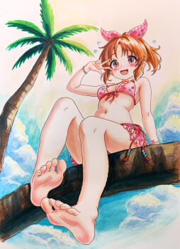 1girl abe_nana absurdres alternate_costume barefoot bikini bikini_skirt blue_sky bow bracelet breasts cloud cloudy_sky day feet frilled_bikini frills full_body hair_bow hand_up highres idolmaster idolmaster_cinderella_girls jewelry legs looking_at_viewer navel orange_hair outdoors palm_tree pink_bikini pink_bow ponytail sideboob sidelocks sitting sitting_on_branch sky small_breasts soles solmyr2000 solo swimsuit toenails toes traditional_media tree w