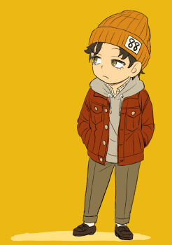 1boy absurdres beanie black_hair brown_eyes brown_shoes commentary_request damian_desmond endou_tatsuya frown full_body grey_hoodie grey_pants hands_in_pockets hat highres hood hoodie jacket jacket_over_hoodie male_focus orange_hat pants red_jacket shoes solo spy_x_family