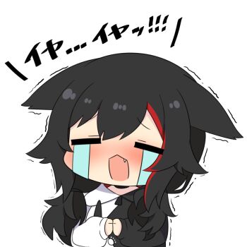 Rule 34 | 1girl, animal ears, black choker, black hair, black hoodie, blush, chibi, chibi only, choker, closed eyes, commentary request, double-parted bangs, drawstring, ears down, fang, hololive, hood, hood down, hoodie, long sleeves, multicolored hair, official alternate costume, official alternate hair length, official alternate hairstyle, ookami mio, ookami mio (hoodie), paw print, paw print pattern, red streaks, scared, sidelocks, simple background, single hair streak, sleeves past wrists, solo, streaked hair, t t, trembling, two-tone hoodie, twumi, virtual youtuber, white background, white hoodie, wolf ears