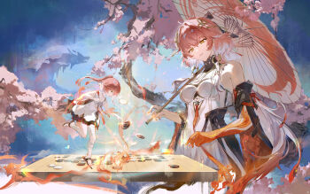 2girls age_comparison bandaged_leg bandages bare_shoulders black_collar black_jacket black_sleeves board_game body_markings braid breasts changli_(wuthering_waves) collar colored_extremities detached_sleeves dress feather_hair go_(board_game) hair_extensions highres holding holding_go_stone holding_umbrella jacket long_hair looking_at_another medium_breasts missing_commentary multicolored_hair multiple_girls oil-paper_umbrella parted_lips pink_hair qingming_tiaohetu red_hands ring_hair_extensions twin_braids two-tone_hair umbrella very_long_hair white_dress white_hair white_umbrella wuthering_waves yellow_eyes