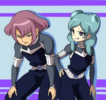 1boy 1girl alpha_(inazuma_eleven) aqua_eyes beta_(inazuma_eleven) black_eyes blue_bodysuit bodysuit brown_hair clenched_teeth drilljapan hand_on_own_hip hands_on_own_knees highres inazuma_eleven_(series) inazuma_eleven_go open_mouth protocol_omega purple_eyes soccer_uniform sportswear sweatdrop teeth