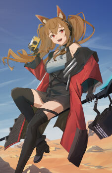 Rule 34 | 1girl, absurdres, angelina (arknights), animal ear fluff, animal ears, arknights, arknights: endfield, bag, bare shoulders, black bag, black boots, black gloves, black thighhighs, blue sky, boots, bracelet, breasts, brown hair, camera, coat, commentary, day, desert, dot nose, dress, elbow gloves, english commentary, floating, floating hair, fold-over boots, foot out of frame, fox ears, fox girl, from below, gilberta (arknights), gloves, grey dress, headpiece, high collar, highres, holding, holding camera, holding staff, impossible clothes, infection monitor (arknights), jewelry, long hair, long sleeves, looking at viewer, medium breasts, mei (meihkov), messenger bag, off shoulder, outdoors, red coat, red eyes, short dress, shoulder bag, sky, solo, staff, staff riding, teeth, thighhighs, twintails, upper teeth only, wide sleeves, zettai ryouiki