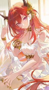 Rule 34 | 1girl, absurdres, arknights, bare shoulders, breasts, cleavage, closed mouth, commentary, dress, floating hair, hand up, highres, horns, long hair, looking at viewer, purple eyes, red hair, shin oooooo, sitting, strapless, strapless dress, surtr (arknights), very long hair, white dress