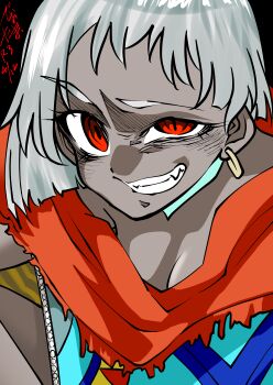 absurdres african_clothes asymmetrical_hair black_background blue_cloak breasts cleavage cloak commentary dark-skinned_female dark_skin earrings evil_grin evil_smile fate/requiem fate_(series) gold_earrings grey_hair grin highres hoop_earrings jewelry jo-star-1123 nzambi_(fate) patterned_clothing red_cloak red_eyes short_hair single_earring slit_pupils smile two-sided_cloak two-sided_fabric very_short_hair