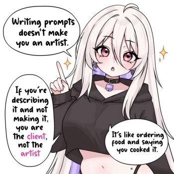 1girl :o ai-generated_art_(topic) black_collar black_hoodie blush collar collarbone commentary cropped_hoodie earrings english_commentary english_text fingernails hair_between_eyes hand_up heart heart_earrings hood hood_down hoodie jewelry moshiedraws navel original red_eyes simple_background solo speech_bubble star_(symbol) stomach upper_body white_background white_hair