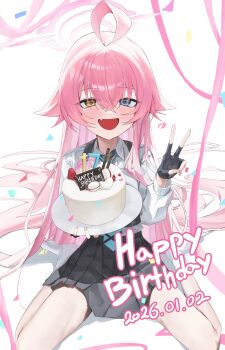 1girl absurdres ahoge birthday_cake black_gloves black_skirt blue_archive blue_eyes blue_necktie blush cake fang fingerless_gloves food fruit gloves hair_between_eyes halo heterochromia highres holding holding_cake holding_food hoshino_(blue_archive) long_hair long_sleeves looking_at_viewer necktie open_mouth pink_hair pink_halo pleated_skirt rosu_1109 shirt sitting skirt smile solo strawberry v very_long_hair wariza white_shirt yellow_eyes