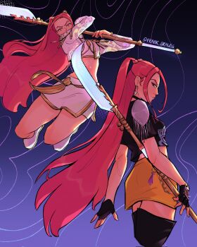 Rule 34 | 1girl, boots, commentary, cropped jacket, earrings, epaulettes, fingerless gloves, frank drawss, gloves, highres, holding, holding polearm, holding weapon, incoming attack, jewelry, kpop demon hunters, long hair, looking at viewer, mira (kpop demon hunters), multiple views, pink lips, polearm, sidelocks, skirt, thigh boots, twitter username, weapon, white skirt, yellow skirt