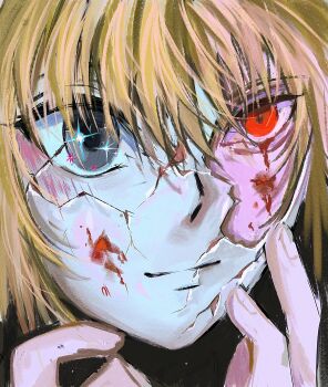Rule 34 | 1boy, absurdres, blonde hair, blood, blood on face, blood on mask, broken mask, close-up, closed mouth, cracked kawaii mask, cracked mask, hashtag-only commentary, highres, hunter x hunter, kurapika, male focus, mask, pommedeterres4, portrait, red eyes, short hair, solo