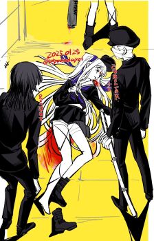 +++ 2boys 2girls atyakodayo1 bandaged_head bandages baseball_bat black_serafuku black_shirt blood blood_from_forehead boots cigarette commentary_request corpse death from_above gakuran gakuseibou geminism gloves hair_ribbon hair_spread_out hand_on_own_knee hat highres hirosoma_kikyou hirosoma_shinku holding holding_sword holding_weapon katana laughing long_hair long_sleeves lying mouth_hold multiple_boys multiple_girls neckerchief on_back on_ground outside_border pantyhose pillarboxed pool_of_blood purple_neckerchief purple_ribbon ribbon scene_reference school_uniform serafuku sheath sheathed shirt single_boot skirt spoilers standing sword translation_request trembling tsukishiro_tsukishiro twitter_username weapon white_hair wide-eyed yamaga_awasumi