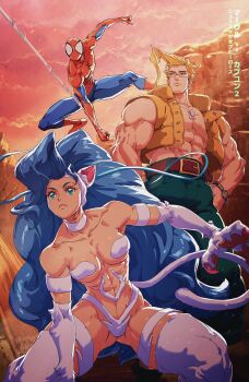 1girl 2boys abs animal_ears animal_hands animal_print big_hair blonde_hair blue_bodysuit blue_hair body_fur bodysuit breasts capcom cat_ears cat_girl cat_tail charlie_nash claws cloud cloudy_sky commentary darkstalkers david_liu dog_tags english_commentary fangs felicia_(darkstalkers) flak_jacket glasses hands_on_own_hips highres jacket long_hair marvel marvel_vs._capcom marvel_vs._capcom_2 multicolored_bodysuit multiple_boys muscular muscular_arms muscular_female muscular_legs muscular_male open_clothes open_jacket outdoors red_bodysuit signature sky spider-man spider-man_(series) spider_print spider_web_print street_fighter superhero_costume swinging_on_web tail thick_thighs thighs translation_request two-tone_bodysuit very_long_hair watch white_fur wristwatch