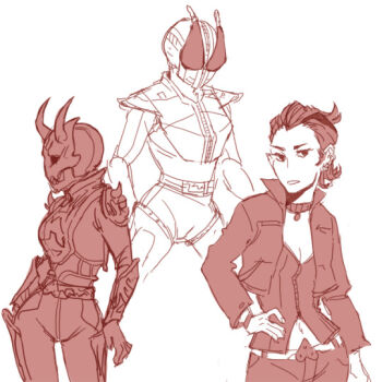 Rule 34 | 1girl, armor, belt, breasts, cleavage, collar, corset, earrings, female focus, genderswap, genderswap (mtf), hand on own hip, helmet, jacket, jewelry, kamen rider, kamen rider den-o, kamen rider den-o (series), mask, momotaros, monster, monster girl, navel, nogami ryoutarou, oni, oni horn, red armor, red streaks, short hair