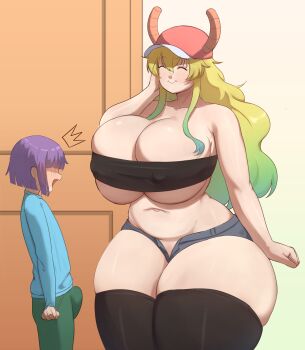 1boy 1girl absurdres adapted_costume bare_shoulders baseball_cap blonde_hair blue_shirt breasts bulge cleavage closed_eyes closed_mouth collarbone covered_erect_nipples cowboy_shot curvy dragon_horns erection erection_under_clothes gradient_hair green_hair green_pants hat highres horns huge_breasts indoors kobayashi-san_chi_no_maidragon long_sleeves lucoa_(maidragon) magatsuchi_shouta multicolored_hair navel open_fly pants shirt short_shorts shorts size_difference skindentation smile standing strapless thick_thighs thighhighs thighs triagorodri tube_top underboob