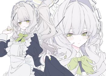 1girl alternate_costume apron black_dress blue_archive blush bow bowtie dress green_bow green_bowtie green_eyes green_halo green_nails grey_hair hair_ornament halo hare_(blue_archive) highres hk_nnm juliet_sleeves long_hair long_sleeves maid maid_apron maid_headdress multiple_views nail_polish ponytail puffy_sleeves simple_background white_apron white_background white_headdress x_hair_ornament