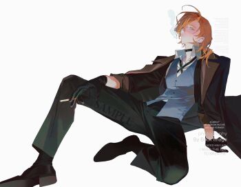 1boy between_fingers black_gloves black_pants blowing_smoke blue_eyes bungou_stray_dogs cigarette closed_mouth coat collared_shirt cross_tie english_text gloves highres holding holding_cigarette male_focus medium_hair nakahara_chuuya_(bungou_stray_dogs) narcissus_curse orange_hair pants shirt shoes simple_background smoke soles solo vest waistcoat watermark white_background white_shirt