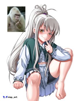 1girl absurdres arm_support barefoot feet finger_to_mouth grey_hair highres nisp_art original photo-referenced ponytail reference_inset simple_background sitting skirt smile solo white_background yellow_eyes
