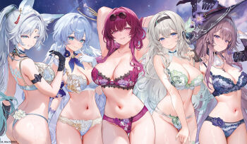 5girls alternate_breast_size animal_ear_fluff animal_ears aqua_eyes arm_strap armpits arms_behind_head arms_up ascot ass back_tattoo bare_shoulders black_bridal_gauntlets black_gloves black_hairband black_ribbon black_sleeves blue_bra blue_eyes blue_hair blue_panties blush bra breasts bridal_gauntlets brown_hair closed_mouth collar collarbone commentary_request cowboy_shot earrings eyewear_on_head feixiao_(honkai:_star_rail) firefly_(honkai:_star_rail) flower forehead_jewel fox_ears fox_girl frilled_collar frills glasses gloves gradient_hair green_hair green_nails grin hair_between_eyes hair_intakes hair_ribbon hairband halo hand_up hat hat_flower head_wings herta_(honkai:_star_rail) highres honkai:_star_rail honkai_(series) jewel_under_eye jewelry kafka_(honkai:_star_rail) key key_necklace large_breasts lingerie long_hair looking_at_viewer machi_(machi0910) merchandise_available multicolored_eyes multicolored_hair multiple_girls nail_polish navel necklace panties parted_lips pince-nez pink_eyes ponytail purple_bra purple_collar purple_eyes purple_flower purple_hair purple_panties purple_ribbon ribbon robin_(honkai:_star_rail) round_eyewear sidelocks single_bridal_gauntlet smile stomach sunglasses sweat tattoo the_herta_(honkai:_star_rail) thigh_gap two-tone_eyes two-tone_hair underwear underwear_only very_long_hair white_ascot white_bra white_collar white_gloves white_hair white_panties wings witch_hat