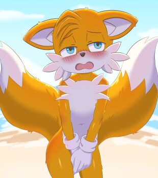 1boy absurdres animal_ears artist_request beach blue_eyes blue_sky blush completely_nude covering_crotch covering_privates embarrassed fox_boy fox_ears fox_tail furry furry_male gloves highres male_focus multiple_tails navel nude open_mouth outdoors shota sky solo sonic_(series) standing tail tails_(sonic) two_tails water white_fur white_gloves yellow_fur