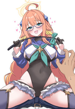 1boy 1girl :d absurdres ahoge aqua_neckerchief black_gloves black_leotard black_thighhighs blue_archive blue_eyes blue_shirt blunt_bangs blush braid breasts bulge commentary covered_navel cowboy_shot cropped_shirt fang frilled_thigh_strap furrowed_brow garter_straps girl_on_top glasses gloves gluteal_fold groin half_gloves halo hands_up heart hetero highleg highleg_leotard highres impossible_clothes impossible_leotard intron large_breasts leotard long_hair long_sleeves low_twintails neckerchief official_alternate_costume official_alternate_hairstyle open_mouth orange_hair pov pov_crotch pov_hands purple-framed_eyewear semi-rimless_eyewear shimiko_(blue_archive) shimiko_(magical)_(blue_archive) shirt sidelocks simple_background skin_fang smile solo_focus spread_legs straight-on sweatdrop thigh_strap thighhighs thighs twin_braids twintails very_long_hair white_background yellow_halo