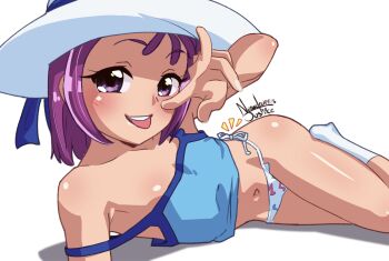absurdres armpits artist_name ass belly blue_shirt blush bow dated hat highres looking_at_viewer musical_note nanaeljustice navel ojamajo_doremi open_mouth panties purple_eyes purple_hair segawa_onpu shirt short_hair socks string_panties teeth thighs tongue tongue_out underwear upper_teeth_only white_background white_hat white_panties white_socks