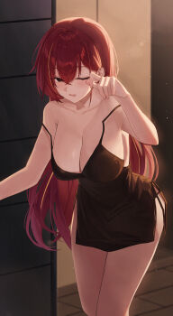 1girl absurdres akane_lize bare_shoulders black_dress breasts commentary double-parted_bangs double_strap_slip dress drooling feet_out_of_frame film_grain grey_eyes hair_between_eyes hand_up hanging_breasts highres indoors large_breasts leaning_forward long_bangs long_hair mouth_drool multicolored_hair no_bra one_eye_closed open_mouth red_hair seehyun1031 short_dress side_slit sidelighting sleeveless sleeveless_dress solo spaghetti_strap standing stellive straight_hair strap_slip streaked_hair very_long_hair virtual_youtuber