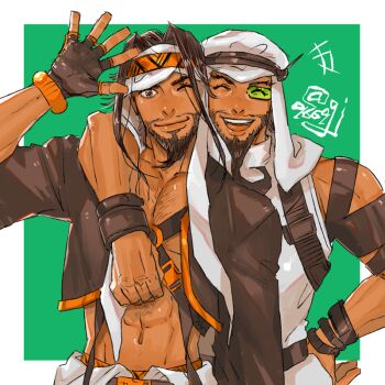 abs arm_around_shoulder arm_up armband bare_pectorals black_gloves black_jacket border brown_eyes chest_belt chest_hair chest_harness commentary_request cowboy_shot cropped_jacket curtained_hair dark-skinned_male dark_skin dual_persona facial_hair fingerless_gloves gloves goatee hand_on_own_hip harness headband jacket kurononekojyo looking_at_viewer male_focus navel one_eye_closed open_clothes open_shirt orange_headband pectorals rashid_(street_fighter) scouter smile street_fighter street_fighter_6 street_fighter_v turban twitter_username white_border