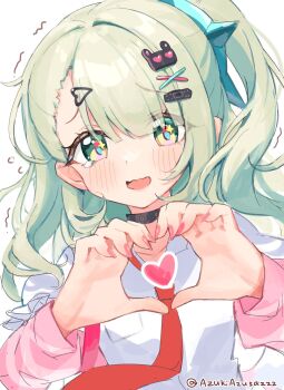 1girl arm_warmers azusa_(980650076) blush collar collarbone commentary_request fingernails frilled_sleeves frills green_eyes green_hair hair_ornament heart heart_hair_ornament heart_hands highres looking_at_viewer multiple_hair_clips necktie open_mouth pink_arm_warmers pink_bag pink_nails ponytail red_necktie shirt simple_background solo sparkling_eyes striped_arm_warmers sunna_(zenless_zone_zero) tearing_up tears trembling twitter_username upper_body white_background white_shirt zenless_zone_zero