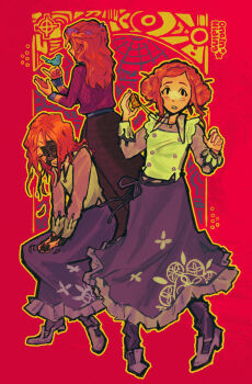 2girls absurdres android artist_name bird bird_on_hand blouse bluebird brown_skirt commentary diana_(kyokugen_dasshutsu) double_bun english_commentary eyelashes flower freckles from_behind hair_bun hair_down hair_flower hair_ornament highres holding jewelry kyokugen_dasshutsu kyokugen_dasshutsu_adv:_zennin_shibou_desu long_hair long_skirt long_sleeves luna_(kyokugen_dasshutsu) medium_hair multiple_girls multiple_views necklace oneinhiding orange_hair outline purple_shirt purple_shoes purple_skirt red_background red_sweater shirt shoes sidelocks skirt solid_oval_eyes spoilers star_(symbol) sweater vest white_vest yellow_outline zero_escape:_toki_no_dilemma